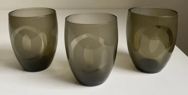 3x Mid Century Mod Smoked GLASS TUMBLERS  FROSTED/ ETCHED Cat Eye Pattern