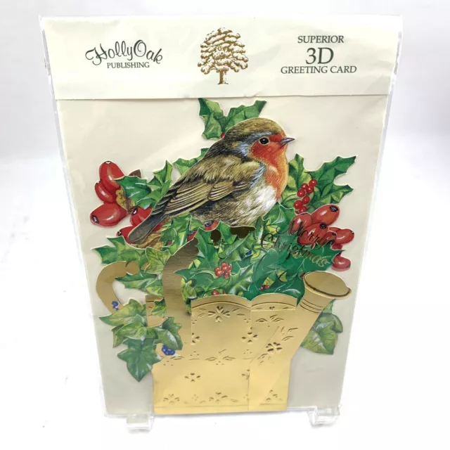 Vtg 3D Christmas Card Made In England Holly Oak Publishing Robin Red Breast Nip