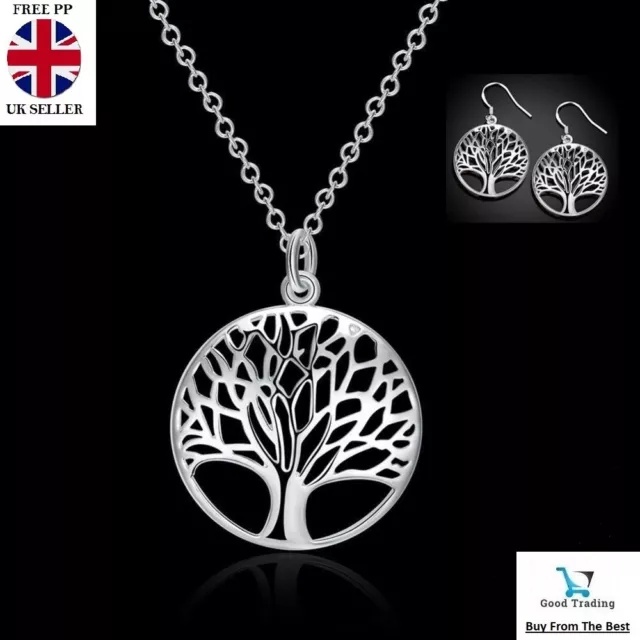 Women's 925 Sterling Silver Tree of Life Necklace Pendant Earrings Charm Set UK
