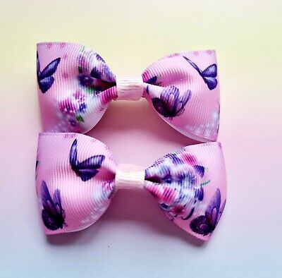 Butterfly and flowers pink hair bow Clip pinch kids baby toddler set of 2 pair