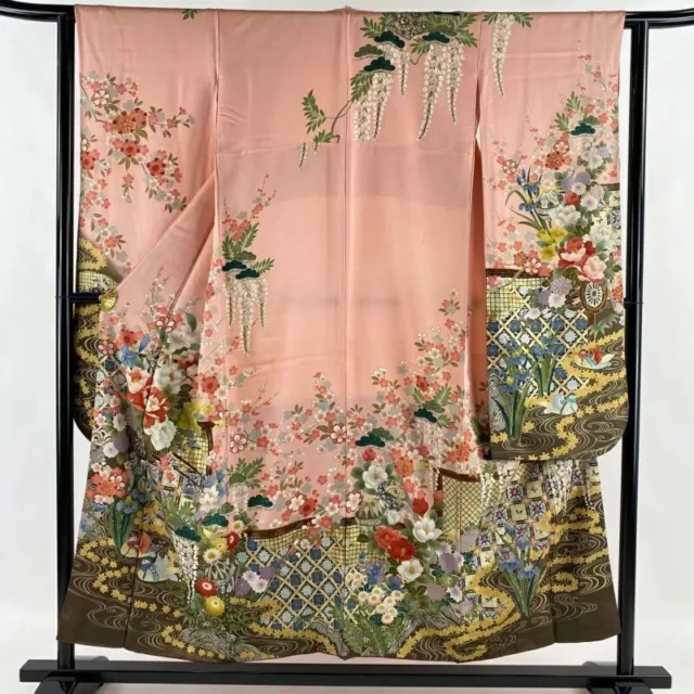 Woman Japanese Kimono Furisode Silk Flower Cart Stream Gold Thread Foil Pink