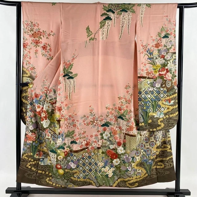 Woman Japanese Kimono Furisode Silk Flower Cart Stream Gold Thread Foil Pink