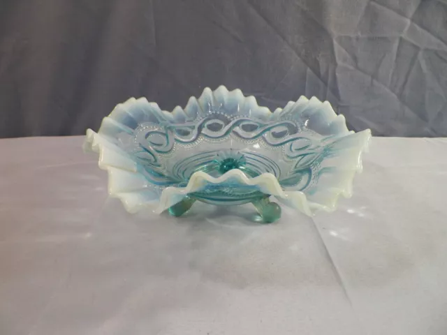 Northwood Blue Opalescent Glass BEADED CABLE 3 Footed Bowl