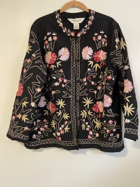 The Vermont Country Store 1X Black Floral Embroidered Lightweight Jacket