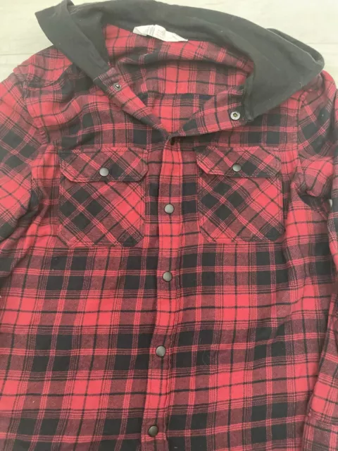 Boys H & M Red Black Check Shirt With Hood 12-13 YRS