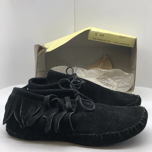 Vintage TAOS Black SUEDE fringe MOCCASIN Shoes Booties Sz 8 USA Made