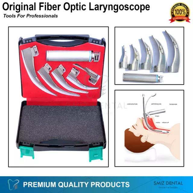 ORIGNAL FIBER OPTIC Laryngoscope Mac Set of 5 & HANDLES EMT Anesthesia Tool Kit