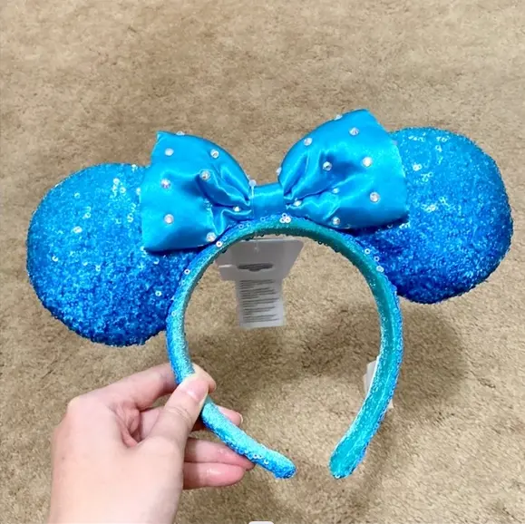 Disney Parks Blue Diamond 2022 Ears Minnie Mouse Aqua Sequin Headband