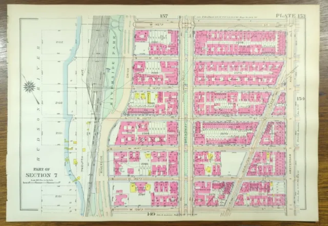 Vintage 1916 HAMILTON HEIGHTS MANHATTAN NEW YORK CITY NY ~ G.W. BROMLEY Land Map