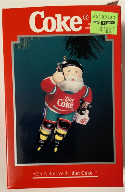 Enesco 1996 Coca Cola Santa ornament On a Roll with Diet Coke Vintage Christmas