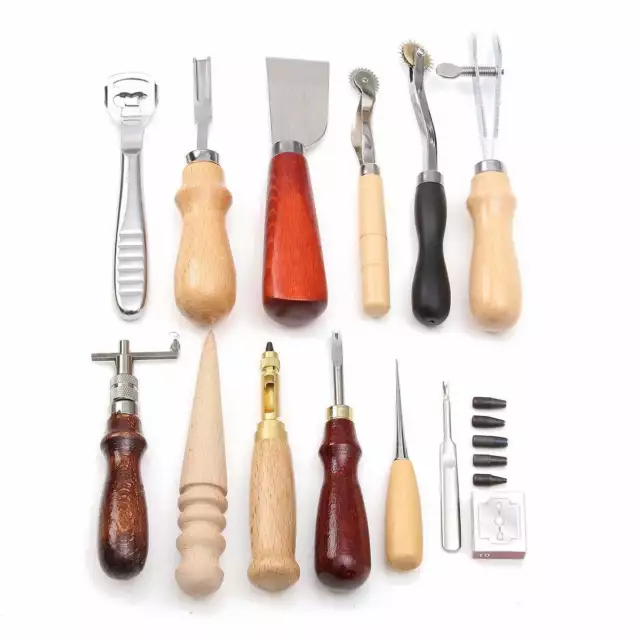 13 piezas Kit de herramientas artesanales de cuero cosido a mano perforado tallado trabajo sillín punzón