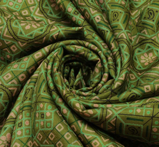 Sushila Vintage Green Indian Saree 100% Pure Silk Printed Soft Craft Fabric