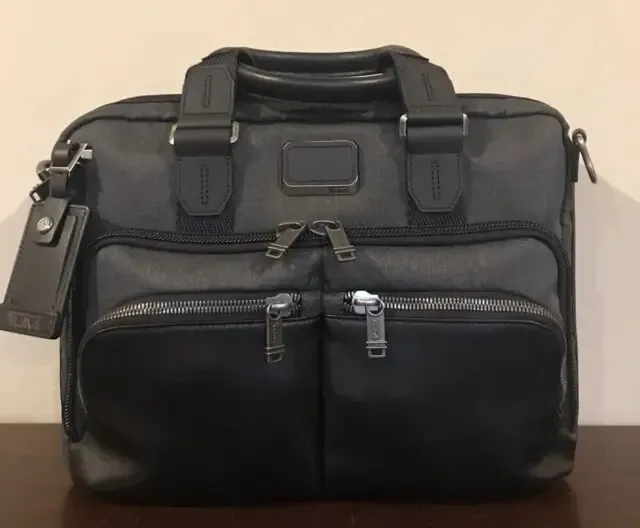 Tumi ALPHA BRAVO Albany Slim Commuter Brief case Grey Black Leather travel bag