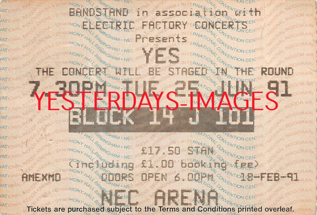 Yes Ticket Used Stub June 1991 NEC Arena Birmingham