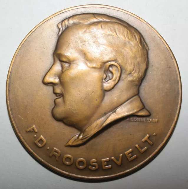 1939 BELGIUM F. D. ROOSEVELT MEDAL ~ 61mm (2 3/8") bronze by ARMAND BONNETAIN