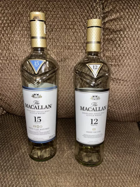 Lot Of 2, The MACALLAN Empty Scotch Whiskey Bottles. 15 Yr & 12 Yr. Single Malt