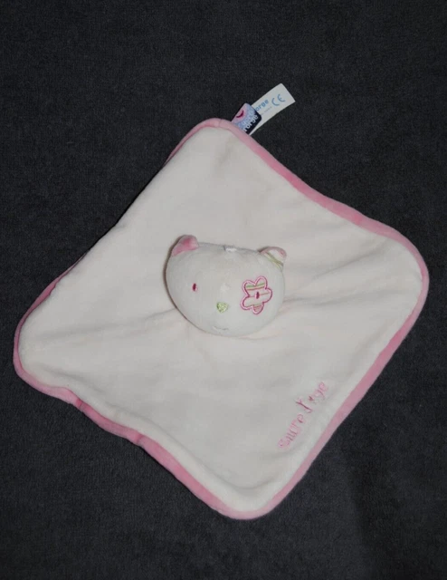 Doudou Plat Chat Rose SUCRE D'ORGE Ours Cocard Fleur Dessous Blanc TTBE