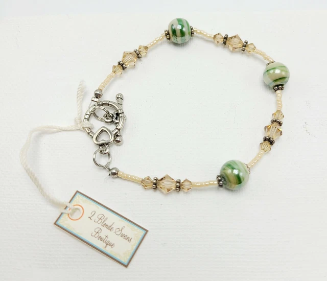 Handmade Green Glass Bead Champagne Crystals Toggle Bracelet