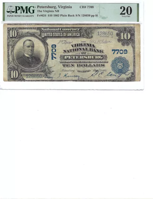1902 $10 National Bank Note CH7709 FR624 Petersburg, Virginia PMG 20 Vf!!!