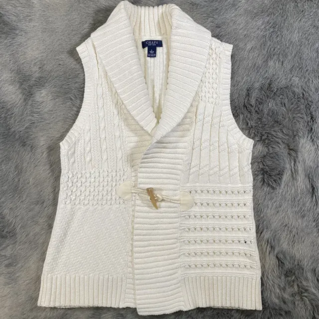 Chaps Womens L Cream White Cable Knit Sleeveless Sweater Vest Toggle Button