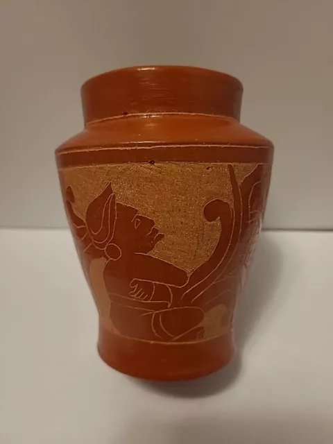 Vintage Etched Mayan Redware Vase Pottery Native American Aztec Mayan Inca 4" H