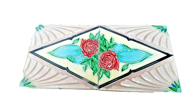 2 Pcs Set Rare Ceramic Tile  Porcelain Vintage Art Made In Japan Flower M.s Tile