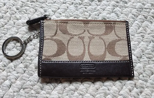 COACH  Signature Mini Skinny Coin ID Case Key Ring Brown Wallet