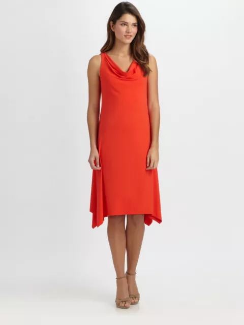 Eileen Fisher Red Orange Firefly Viscose Jersey Cowl Neck Dress Asymmetric Sz PL 2