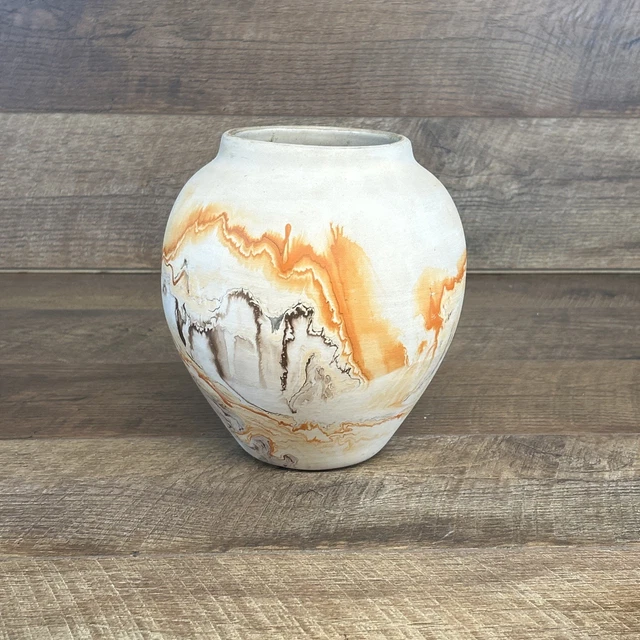 VINTAGE NEMADJI POTTERY Vase Orange/ Brown -Round 8”x7.5”-4