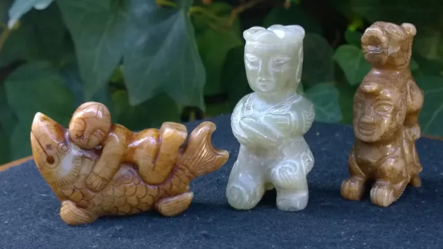 Group of Three Old Nephrite Jade Amulets Fish-Boy-Dragon Man.