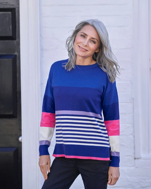 Woolovers Femmes Pull Tricot Sweat Rayé Col Rond Manches Longues Décontracté