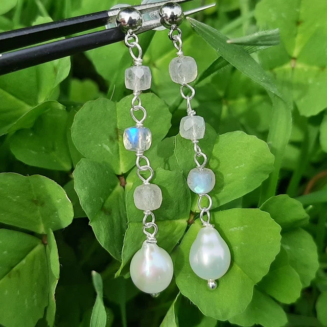boucles d'oreilles clous pierre précieuse labradorite perles culture argent 925 