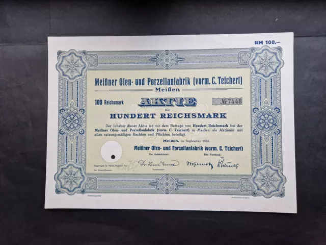 Aktie über 100 RM Meissner Ofen- und Porzellanfabrik  1934 Meissen