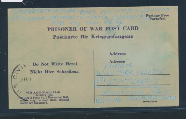 K2197) Kriegsgefangenenpost USA, Karte APO 809 14.5.46 n.Stuttgart