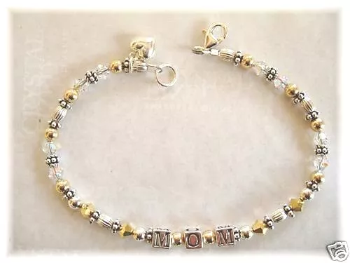 MOM MOTHERS DAY BRACELET BEADED made with SWAROVSKI CRYSTAL, ST SILVER, GOLDFILL