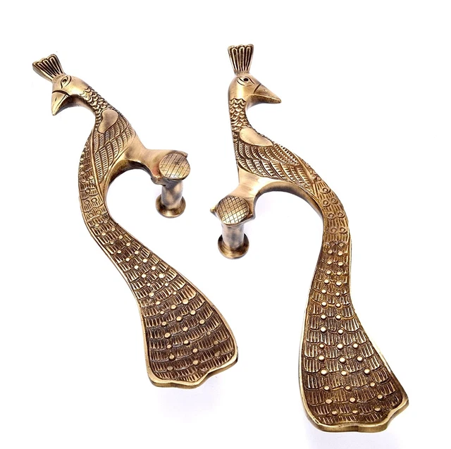 Handmade Antique Brown Finish Peacock Design Brass Door Handle Pair