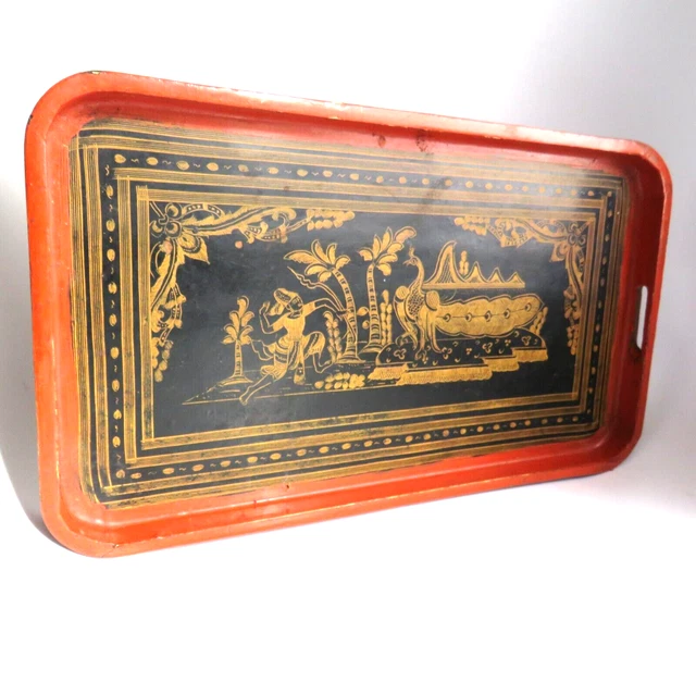 Antique Burmese Red Lacquered Wooden Tray Black Gold Dancer & Peacock 15"