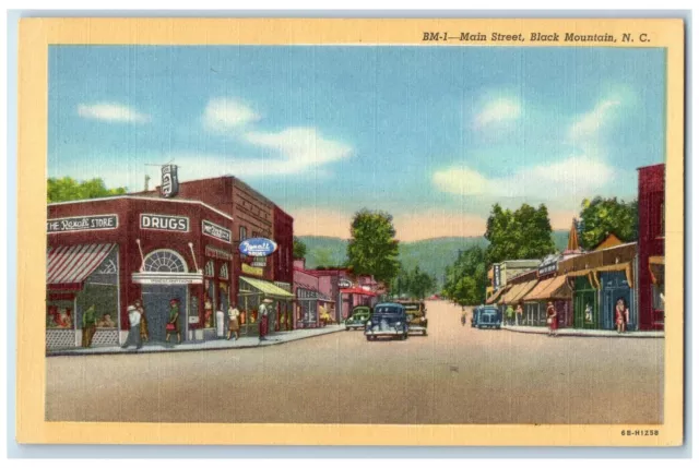 c1940's Main Street Drug Store Cars Black Mountain North Carolina NC Postcard