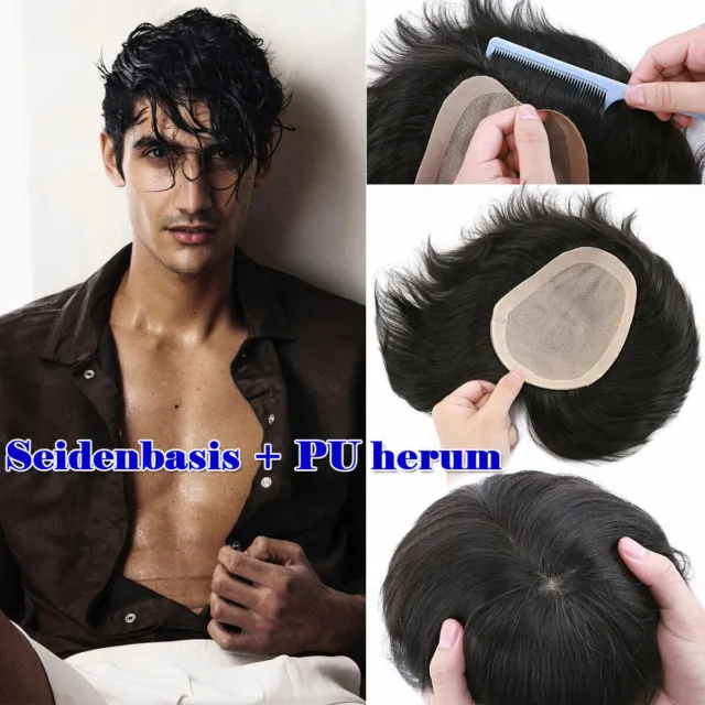 Capelli da uomo Toupee sistema di sostituzione capelli umani anello a V pelle sottile nero marrone