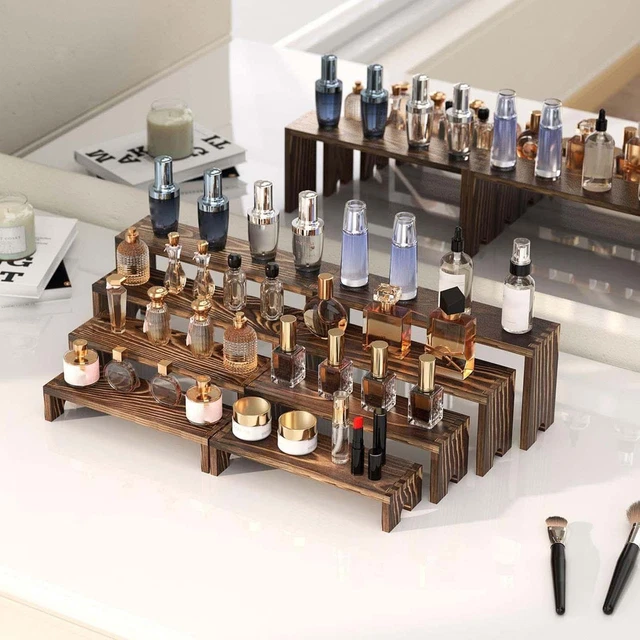 WOODEN DISPLAY RISER Stand Perfume Organizer Step Ladder Rustic 4 Tier ...