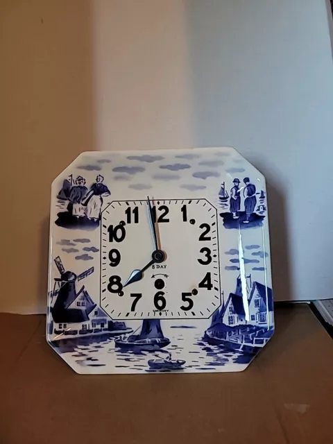 Antique Newark Clock Co Delft Ceramic Blue And White Wall Clock cleaned & oiled