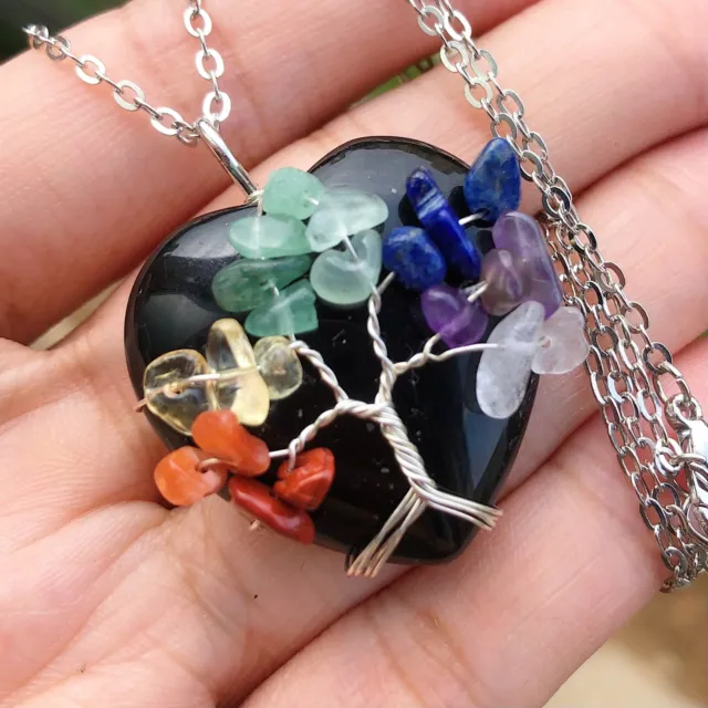 7 Chakra Black Onyx Gem Stone Tree Of Life Heart Necklace Reiki Healing Amulet