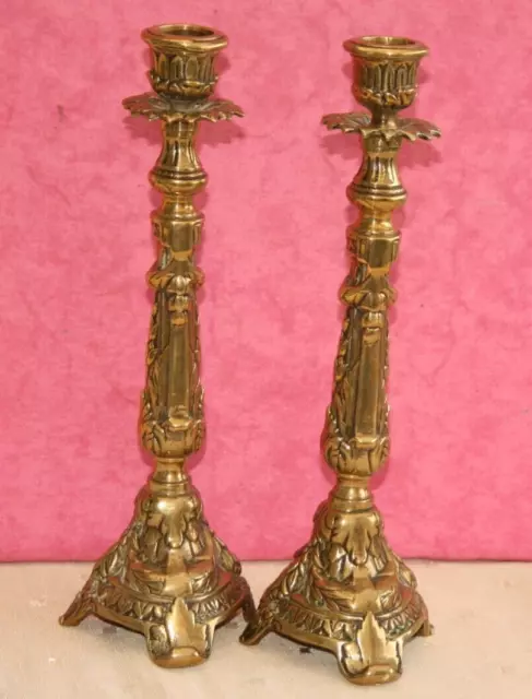 Pair Antique Solid Brass Ornate Candle Sticks, 1900S, Heavy, Good Quality, Swags 2