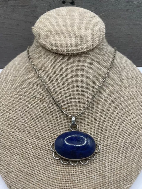 Vintage 925 Sterling Silver Lapis Lazuli Pendant Necklace Bead Ball Snake Chain