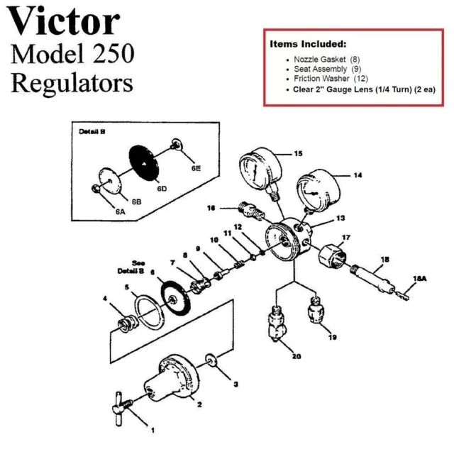 Victor 250-80-540 Oxygen Regulator Rebuild/Repair Parts Kit