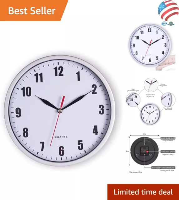 8" Quartz Wall Clock - Non-Ticking - Silver - Large Numbers - Precise - Accurate