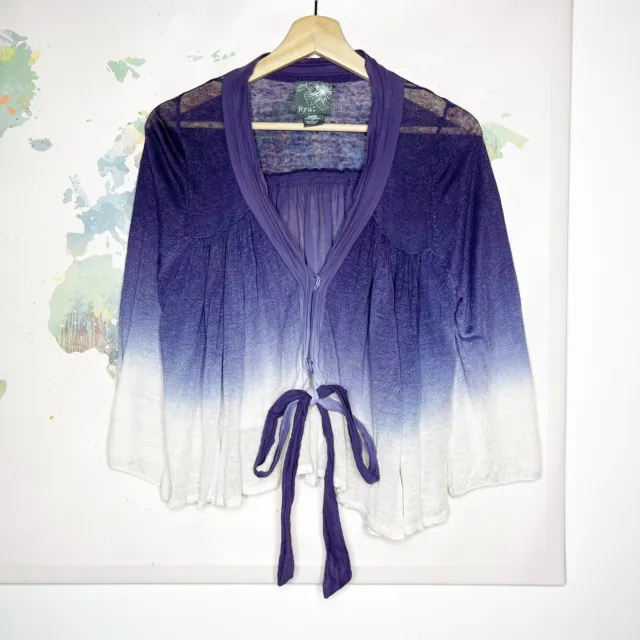 Ryu Cardigan Size Medium Purple Ombre Open Knit Linen Blend Topper Sweater