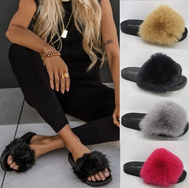 Ladies Womens Faux Fluffy Fur Sliders Warm Fashion Summer Sandals Slippers Shoes