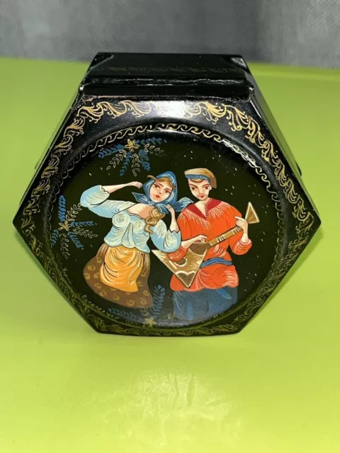 VTG Hexagon Hinged SIGNED Russian Lacquered Palekh Trinket Box Fairytale Music 3