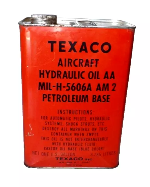 Texaco Aircraft Hydraulic Oil Petroleum Base 1 Gallon Empty Metal Can Red Vtg